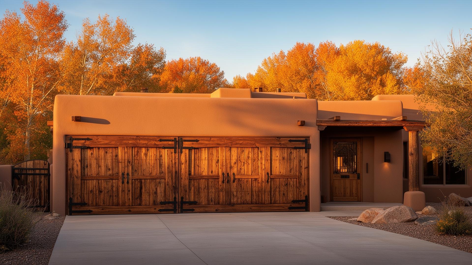Beautiful rustic wood grain garage door on Southwest adobe style home in autumn